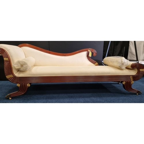 204 - A beautifully upholstered hand made solid rosewood chaise longue. Complete with 2 bolster cushions. ... 