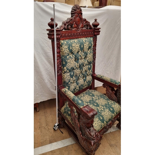 205 - A hand made solid mahogany King's chair standing almost 6ft high. Hand carved detail throughout. . H... 