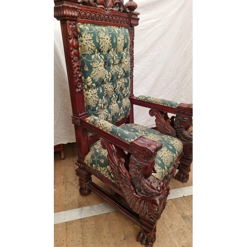 205 - A hand made solid mahogany King's chair standing almost 6ft high. Hand carved detail throughout. . H... 