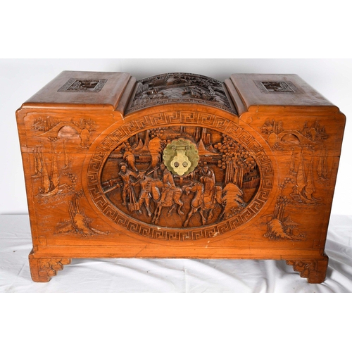 228 - A rare old Chinese chest hand carved and detailed with Chinese men on horseback Origin Ningbo, Zheji... 