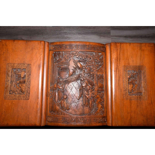 228 - A rare old Chinese chest hand carved and detailed with Chinese men on horseback Origin Ningbo, Zheji... 