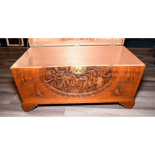 228 - A rare old Chinese chest hand carved and detailed with Chinese men on horseback Origin Ningbo, Zheji... 