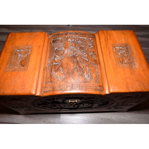 228 - A rare old Chinese chest hand carved and detailed with Chinese men on horseback Origin Ningbo, Zheji... 