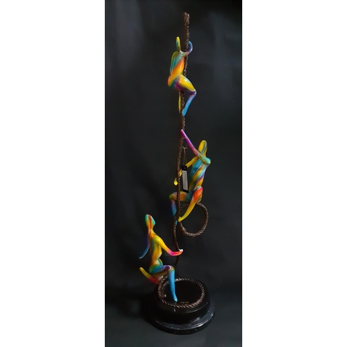 244 - An unusual hand cast bronze art sculpture of three climbers on a rope. The climbers multi-coloured a... 