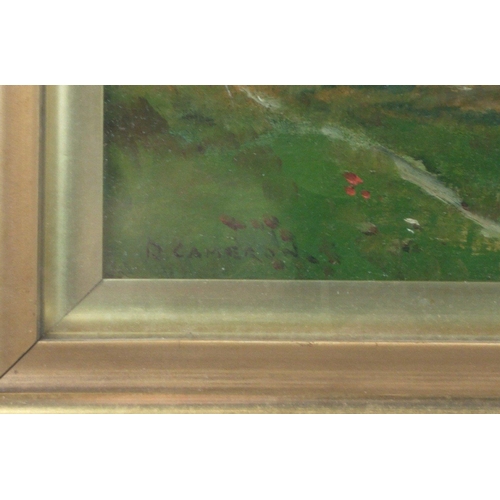 246 - A framed and glazed oil painting by D. CAMERON of a Highland scene.  The frame which carries sticker... 