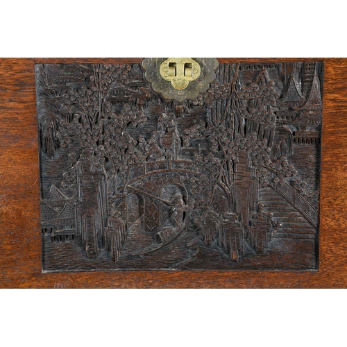 26 - A rare old Chinese chest depicting a hand carved village scene. Origin Ningbo, Zhejiang Province Cir... 