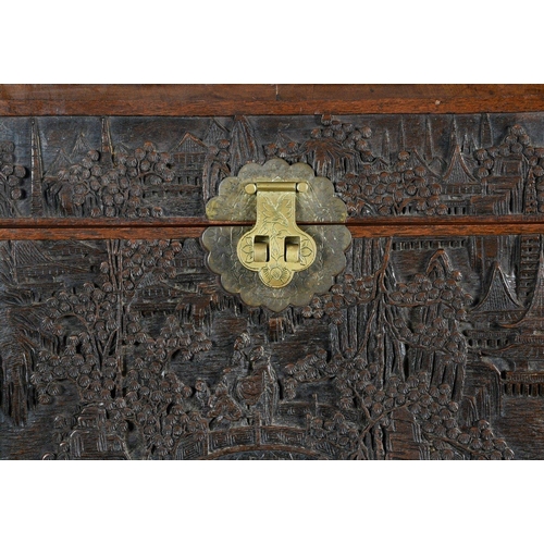 26 - A rare old Chinese chest depicting a hand carved village scene. Origin Ningbo, Zhejiang Province Cir... 