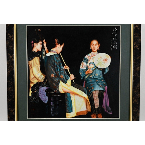 29 - A very finely painted Chinese oil on a porcelain panel. Framed and glassed.. H: 69cm  W: 69cm  D: 3c... 