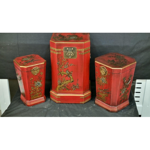 45 - A set of three painted oriental chest with brass fittings. Lined with oriental designs. They are des... 