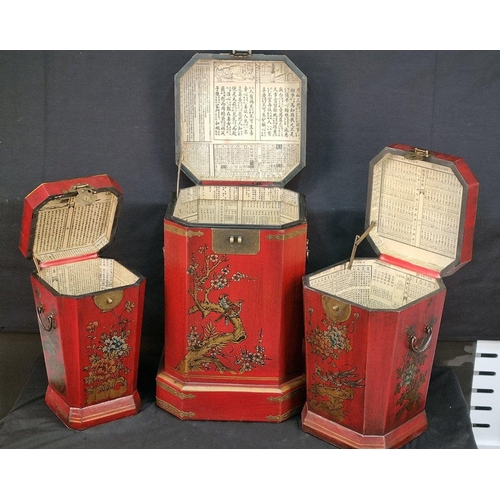 45 - A set of three painted oriental chest with brass fittings. Lined with oriental designs. They are des... 