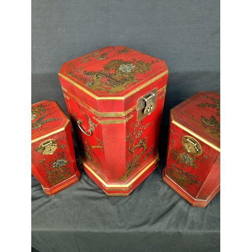 45 - A set of three painted oriental chest with brass fittings. Lined with oriental designs. They are des... 