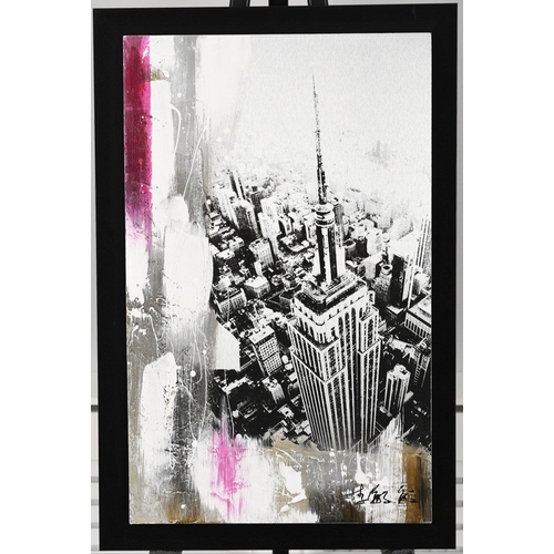 46 - Unusual mixed media art on metal depicting New York skyline.. H: 90cm  W: 60cm  D: 3cm#46