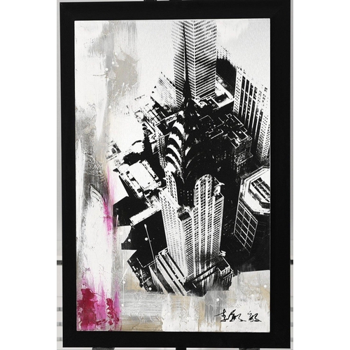 47 - Unusual mixed media art on metal depicting New York skyline.. H: 90cm  W: 60cm  D: 3cm#47