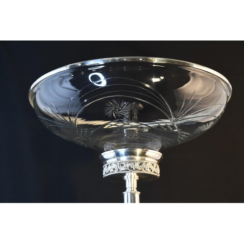 51 - A tall cut glass bowl with ornately detailed silvered metal base.. H: 53cm  W: 41cm  D: 41cm#51