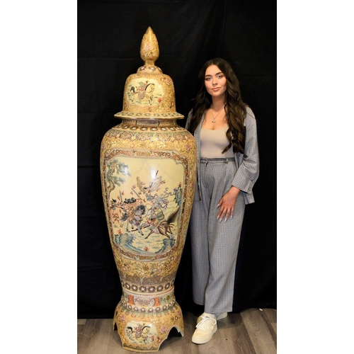 70 - A unique large 1.9 metre porcelain temple jar with hand painted scenes. Origin Chaozhou Guangdong Pr... 