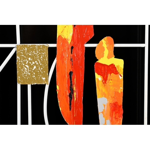 77 - An original abstract painting on metal with metal frame work and lacquered wood base. Signed by the ... 