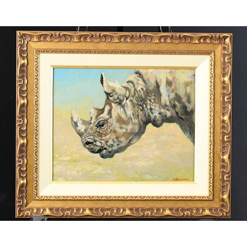 80 - An original oil on panel of a rare white rhino by the late English artist JOEL KIRK. Very nicely fra... 