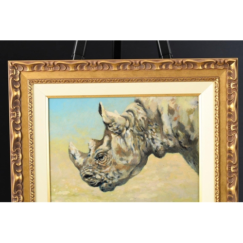 80 - An original oil on panel of a rare white rhino by the late English artist JOEL KIRK. Very nicely fra... 