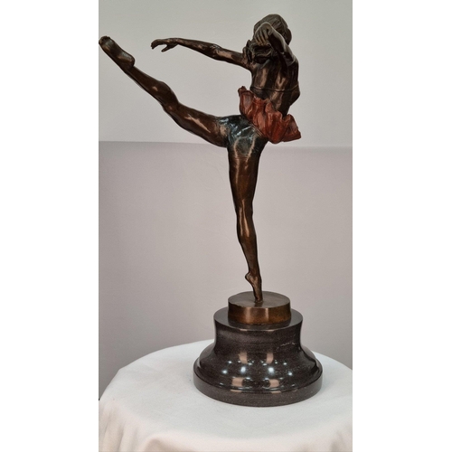 82 - A bronze casting of a Ballet Dancer with coloured detail on solid marble base. H: 45cm  W: 24cm  D: ... 