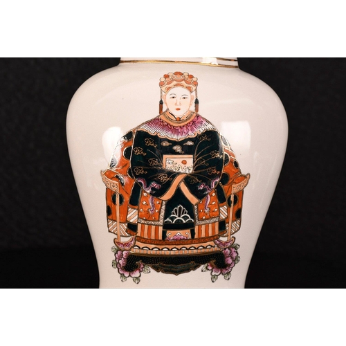 88 - A pair of King and Queen hand painted porcelain temple vases origin Chaozhou Guangdong Province circ... 