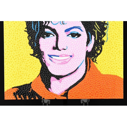 93 - A very unusual contemporary mixed media painting of MICHAEL JACKSON. The painting is on a boxed stre... 