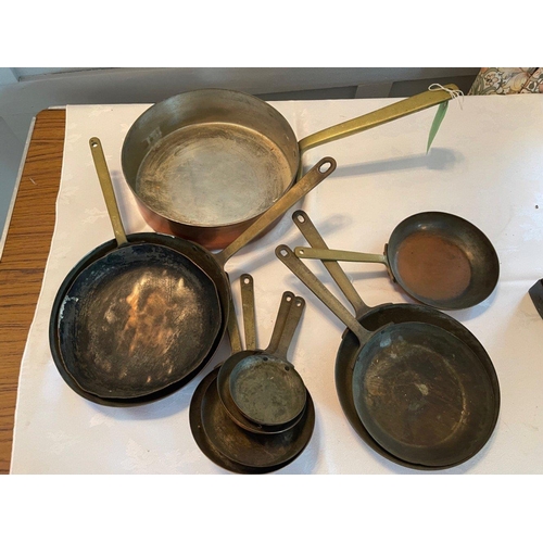 145 - An IMPRESSIVE set of 10 ANTIQUE COPPER skillets -  all with nice quality brass handles - largest 10