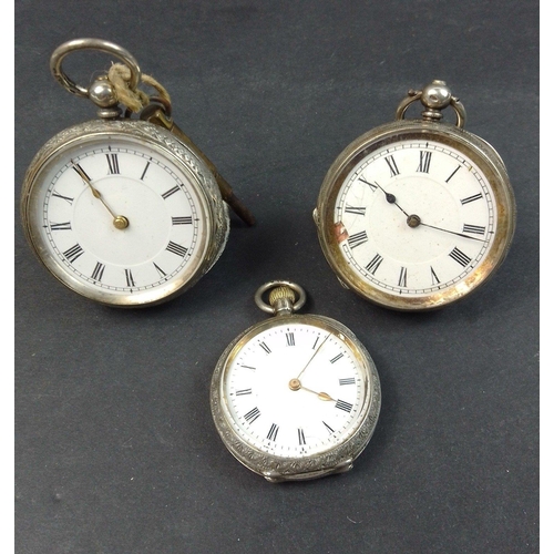 101 - Three Swiss silver small fob watches with white enamel dials and all stamped 0.935 silver.  Not curr... 