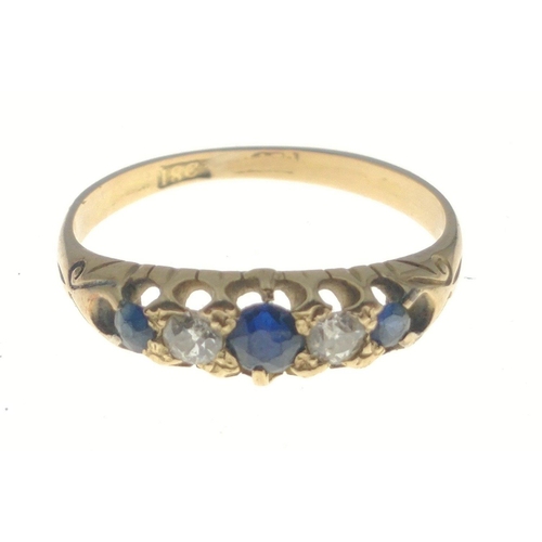 2 - An 18c stamped gold ring with two small diamonds and three sapphires. Size P Gross weight 2.45g appr... 