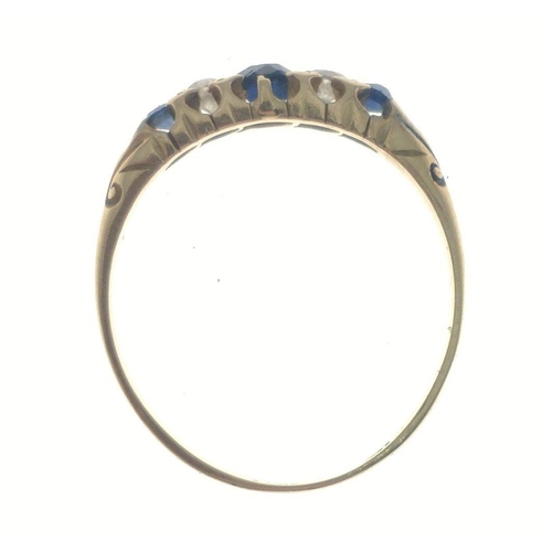 2 - An 18c stamped gold ring with two small diamonds and three sapphires. Size P Gross weight 2.45g appr... 