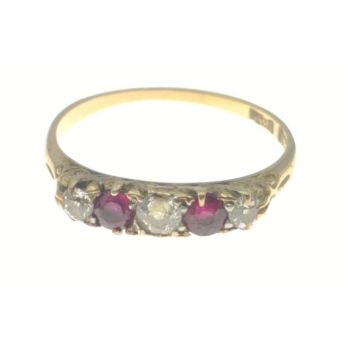 5 - An 18ct gold hallmarked ring with three small diamonds and two rubies. Size N, gross weight1.8g appr... 