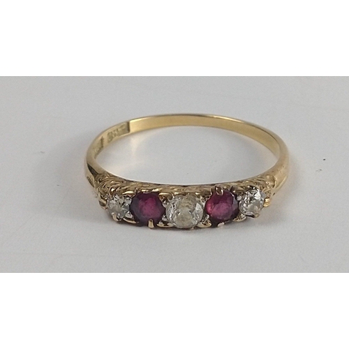 5 - An 18ct gold hallmarked ring with three small diamonds and two rubies. Size N, gross weight1.8g appr... 