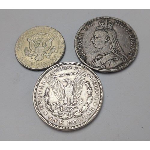 81 - COINS of interest to include 1888 Victorian Crown, 1921 Morgan Dollar and a 1967 Kennedy Half Dollar... 