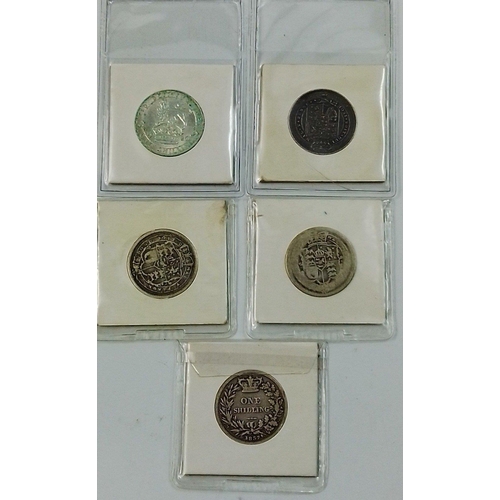 82T - A lovely little collection of five silver shillings of interest to include George III x 2, George IV... 