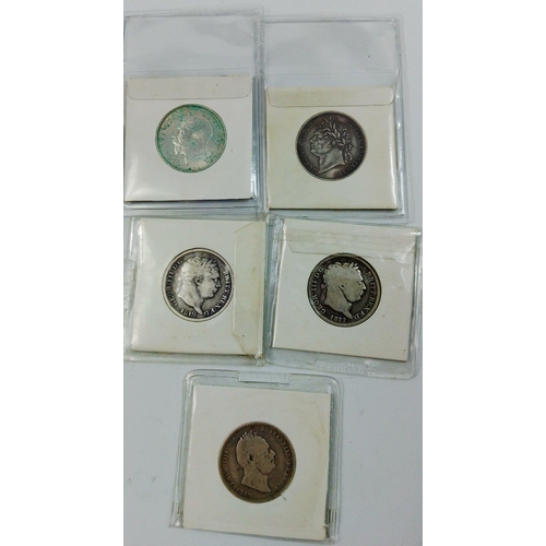 82T - A lovely little collection of five silver shillings of interest to include George III x 2, George IV... 