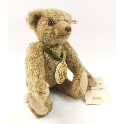 312 - A STEIFF museum mohair bear with Margarete Steiff porcelain medallion on olive green ribbon, referen... 