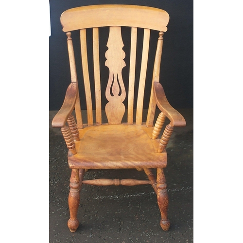 420 - Antique pine slat back armchair with turned arms#119