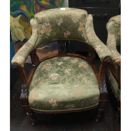 421 - A pair of green covered wooden Edwardian his and her armchairs the tallest 76cm at back,#120