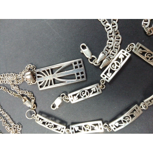 96 - A RENNIE MACKINTOSH style pendant stamped 925, 30mm long on a 925 stamped chain (44cm approx) plus 2... 