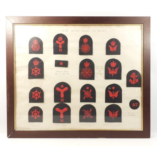 100 - A home-made framed collection of original RNXS branch badges and grades incorporating 18 original cl... 