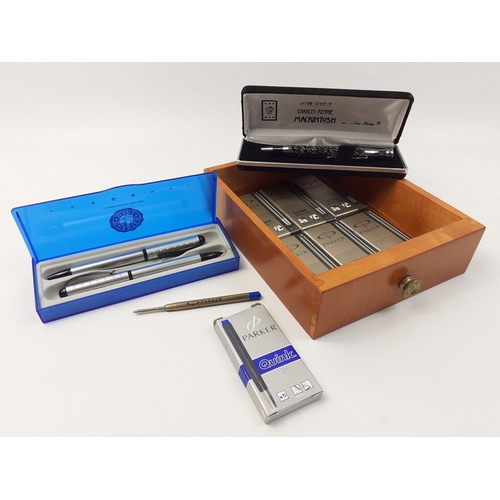 17 - A small drawer containing a boxed Sea Gems CHARLES RENNIE MACKINTOSH pen, another pen set and seven ... 