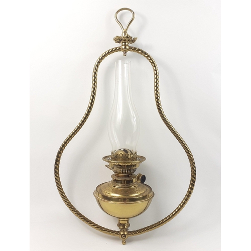 171 - An ANTIQUE hanging oil lamp marked with Messenger's no 2 on wick control, comes with chimney and bot... 