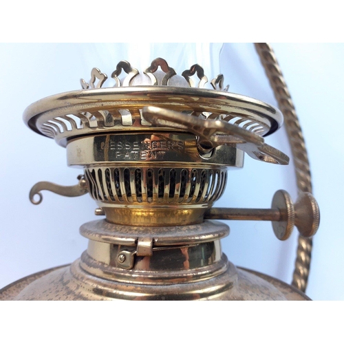 171 - An ANTIQUE hanging oil lamp marked with Messenger's no 2 on wick control, comes with chimney and bot... 