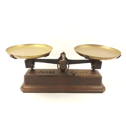 177 - A set of balance scales with 2 x 20cm brass pans marked FORCE 5 KILOG, 40cm at base#177