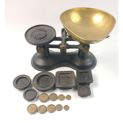 178 - A set of VICTOR cast scales with brass pan and a good selection of weights 28cm across base approx#1... 