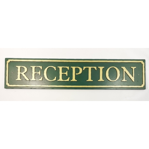 187 - An IMPRESSIVE modern carved and painted wooden reception sign previously used in a hotel.  Size 90 x... 