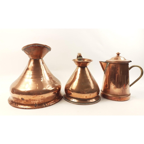 195 - ANTIQUE! - Two copper jugs, the taller 23cm approx plus a copper coffee pot (lid needs a new securin... 