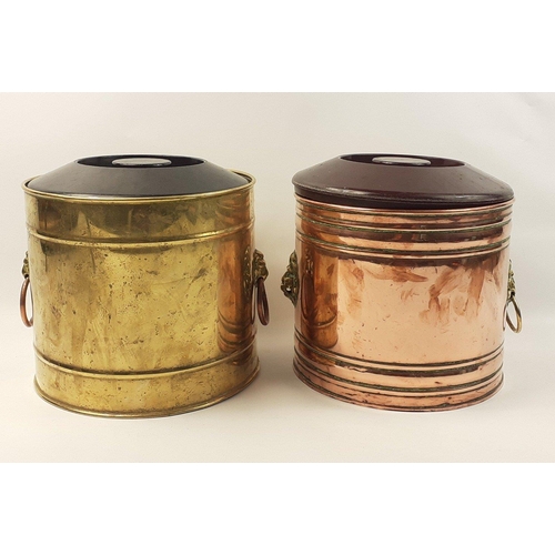 196 - QUALITY! Two copper and brass ice buckets with lion's head handles, one ring missing.  Each approx 1... 