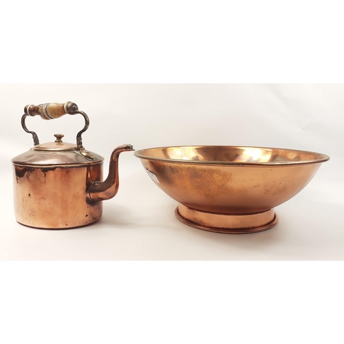 197 - A large copper bowl, 35cm diameter, in good uncleaned condition,  plus a copper kettle with broken h... 