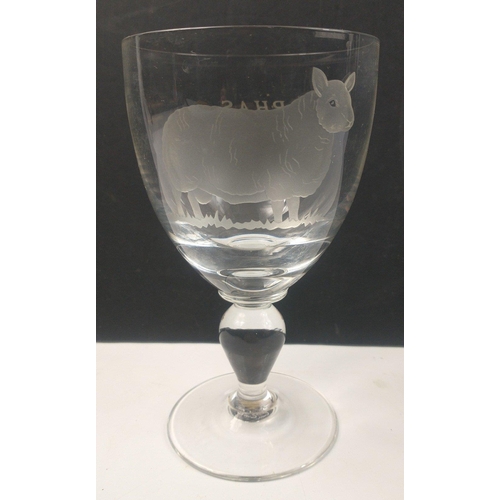 214 - A rather lovely etched goblet of agricultural interest, engraved RHAS Best N.C.C. Female 1988 with a... 