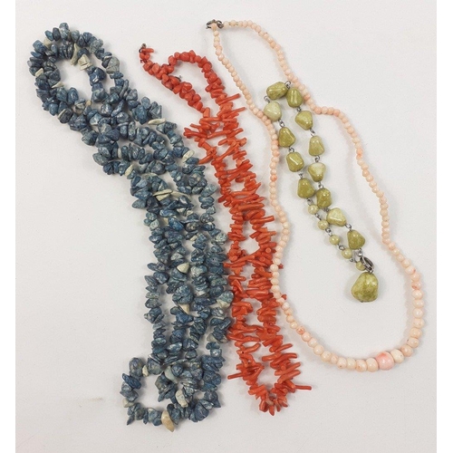 22 - A coral necklace with working clasp, approx 40cm long, plus a blue stone necklace approx 86cm long, ... 